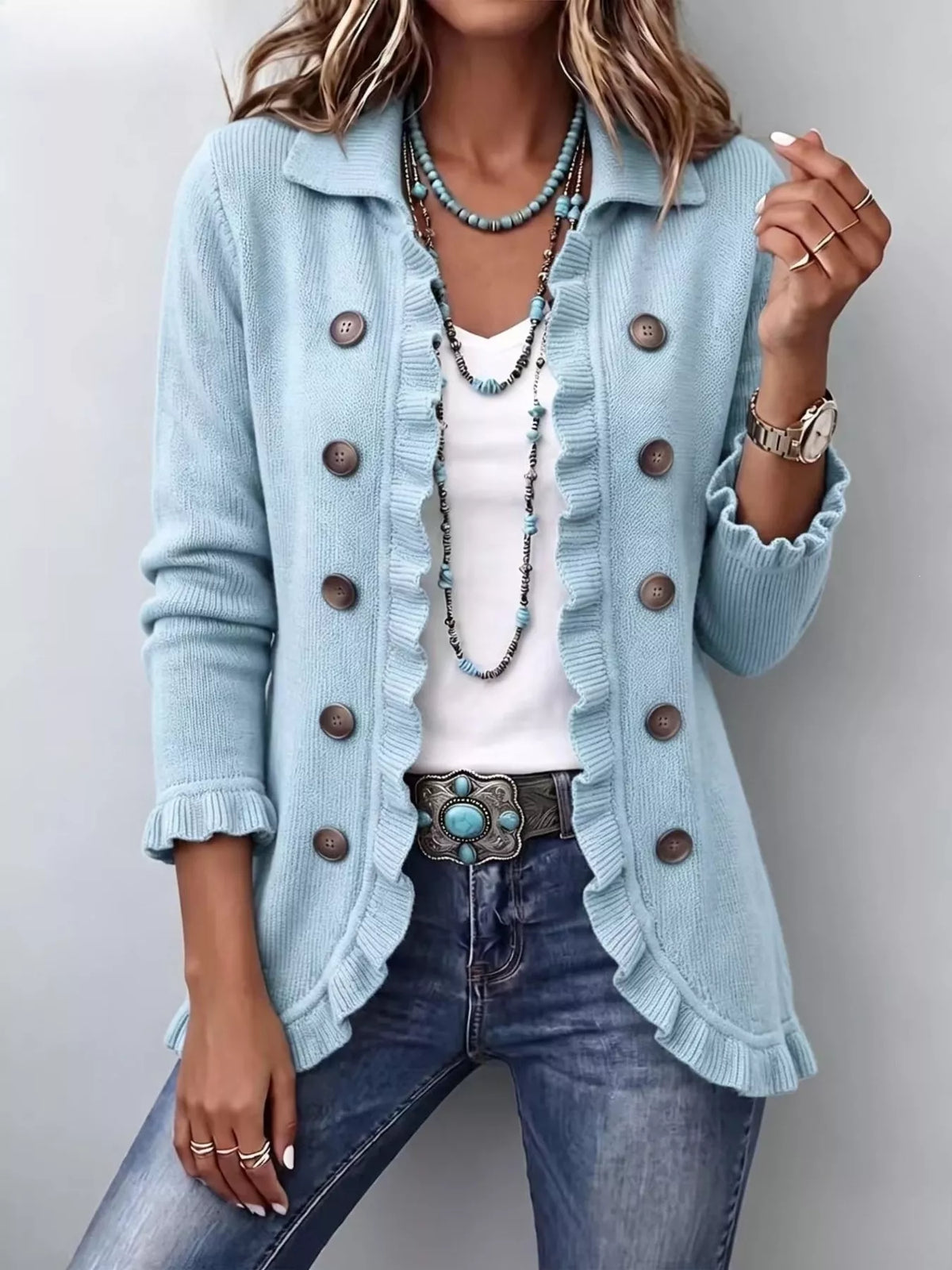 Ruffled Trim Decorative Button Cardigan — VikyHush