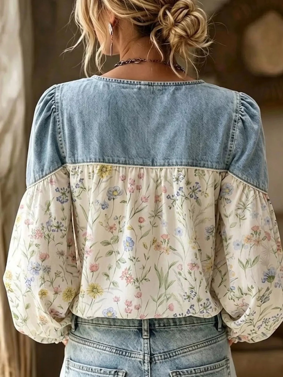 Denim Patchwork Floral Denim Top — VikyHush