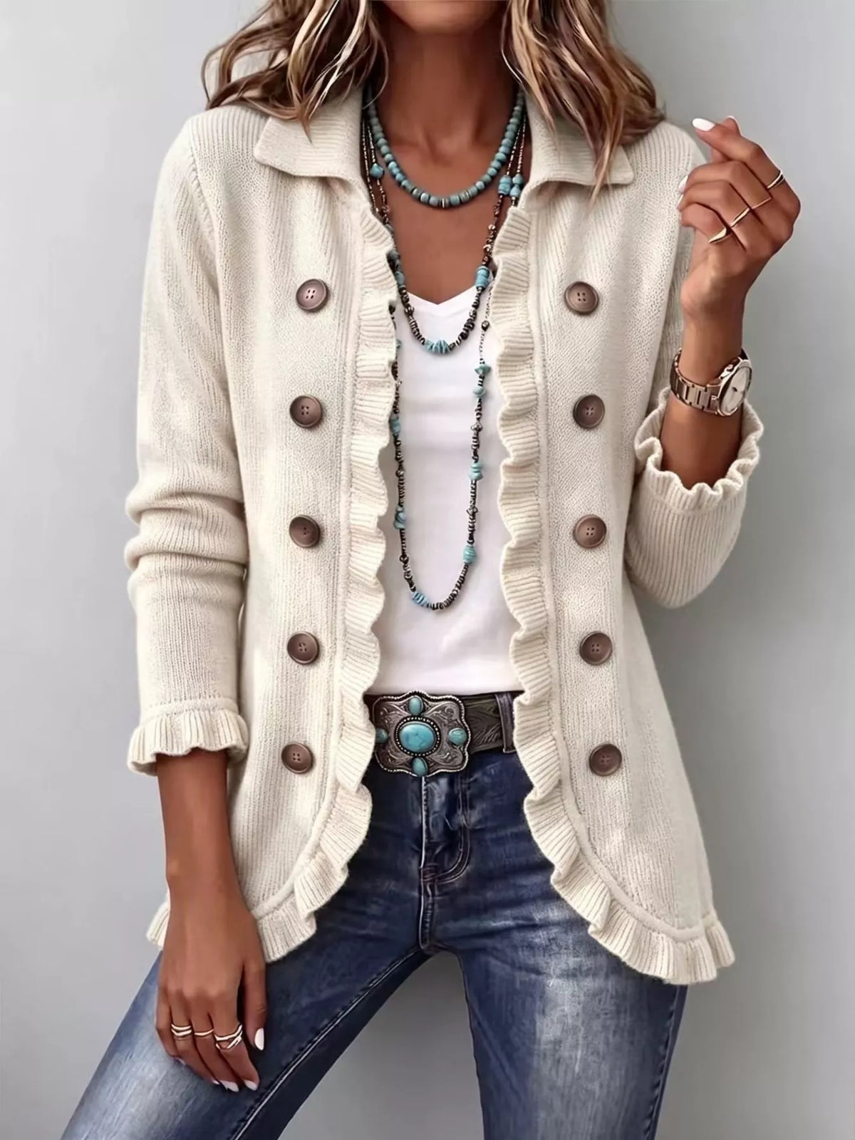Ruffled Trim Decorative Button Cardigan — VikyHush