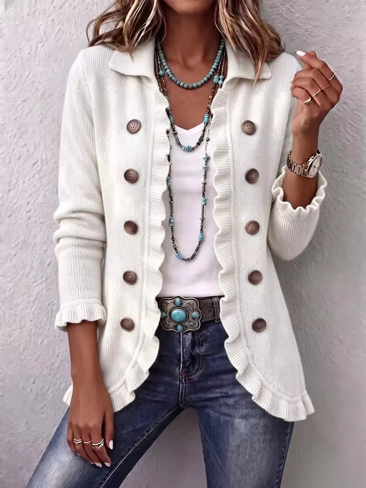 Ruffled Trim Decorative Button Cardigan — VikyHush