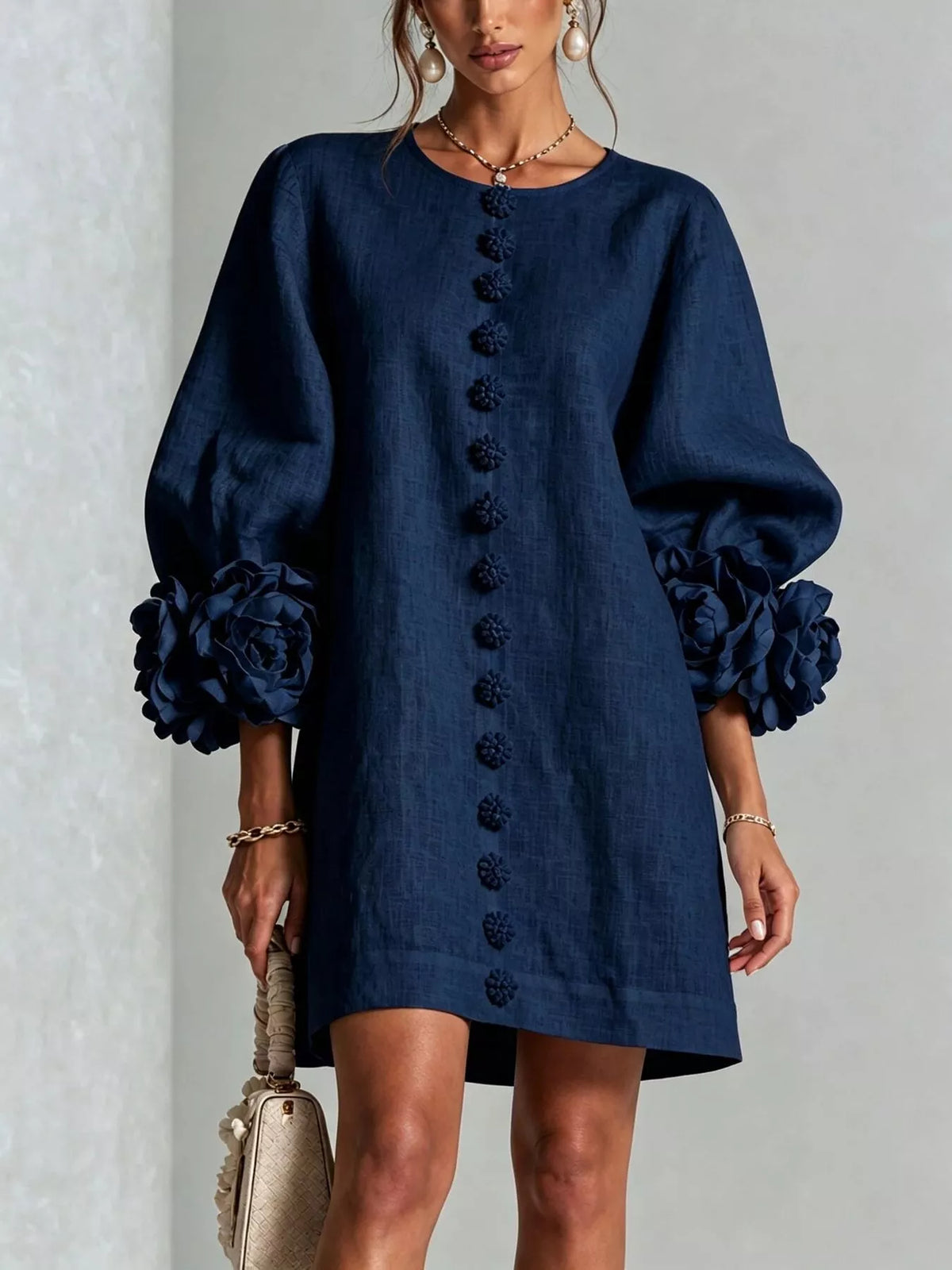 3D Floral Round Neck Mini Dress — VikyHush
