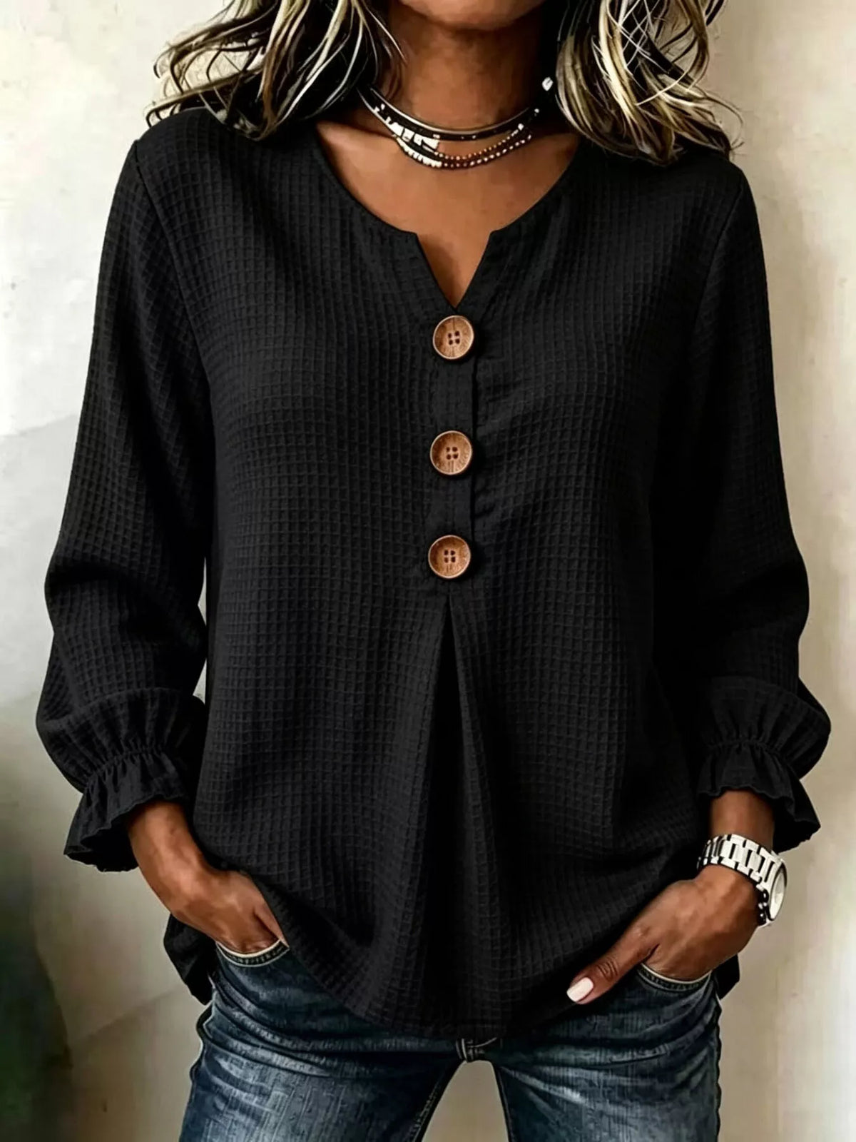 Waffle Knit Long Sleeve Top — VikyHush