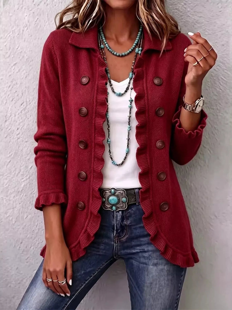 Ruffled Trim Decorative Button Cardigan — VikyHush