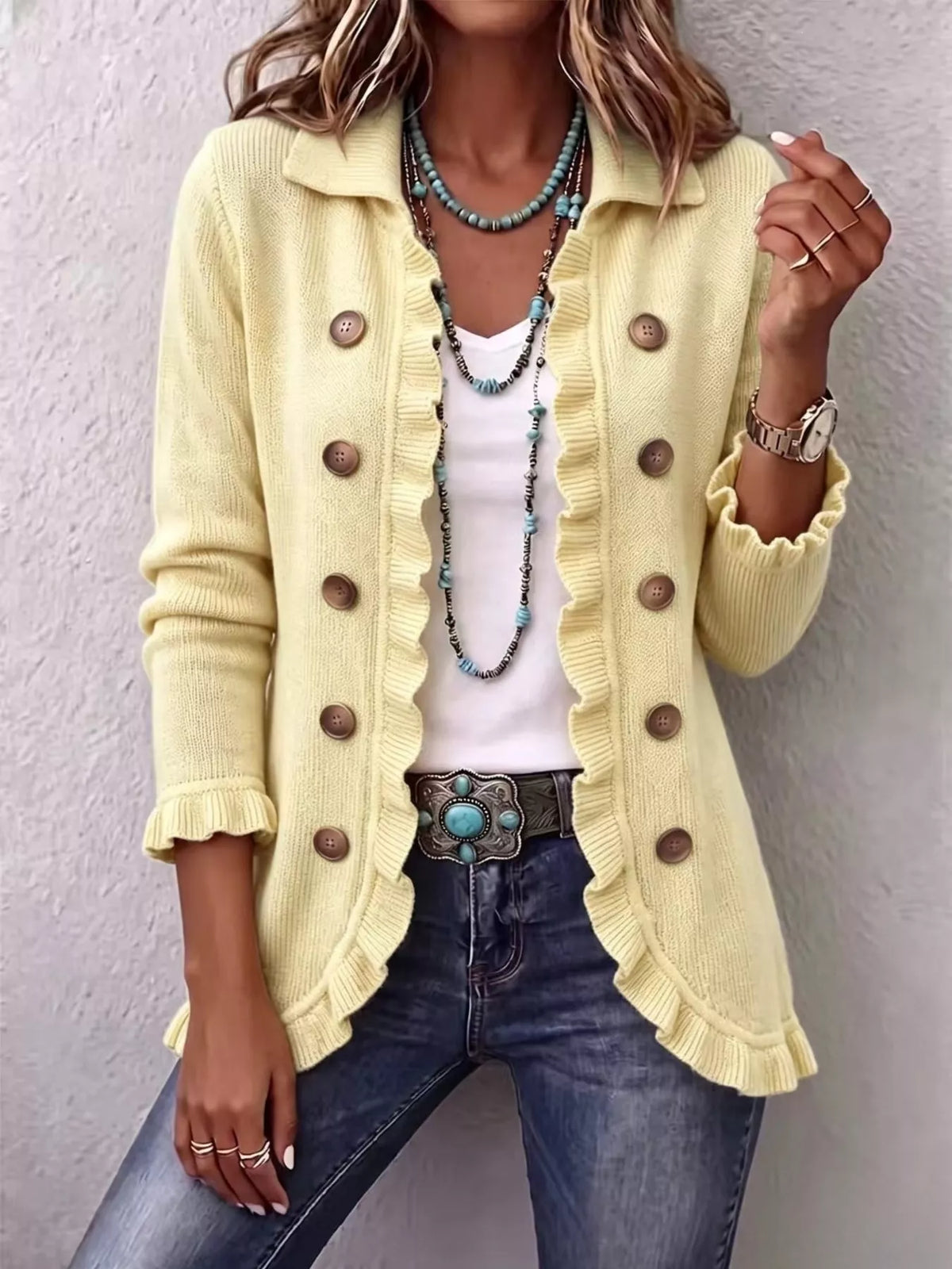Ruffled Trim Decorative Button Cardigan — VikyHush