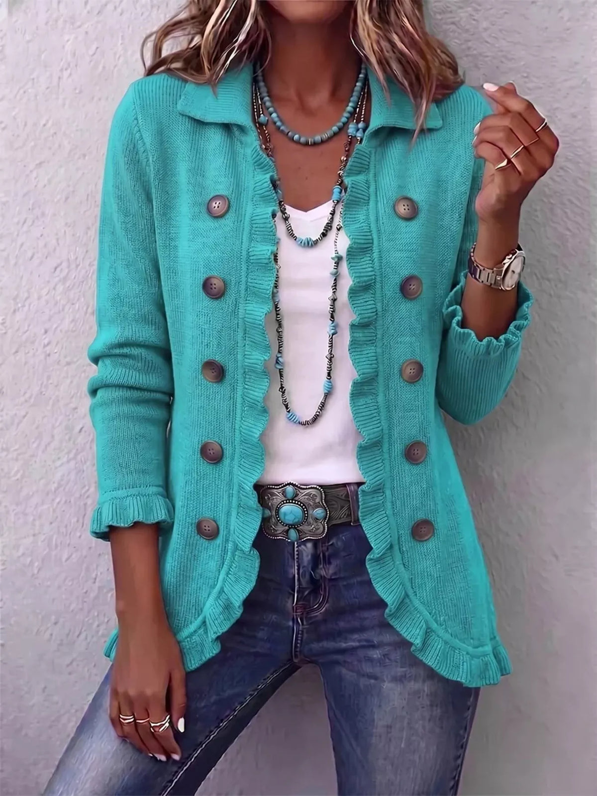 Ruffled Trim Decorative Button Cardigan — VikyHush