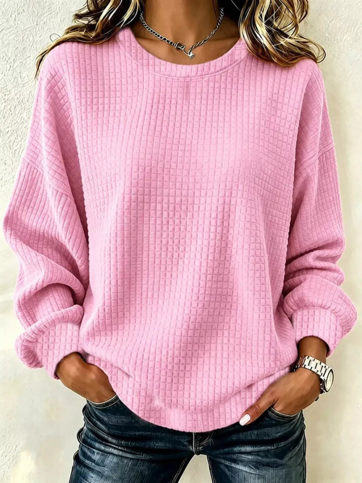 Waffle Knit Long Sleeve Crew Neck Sweatshirt — VikyHush