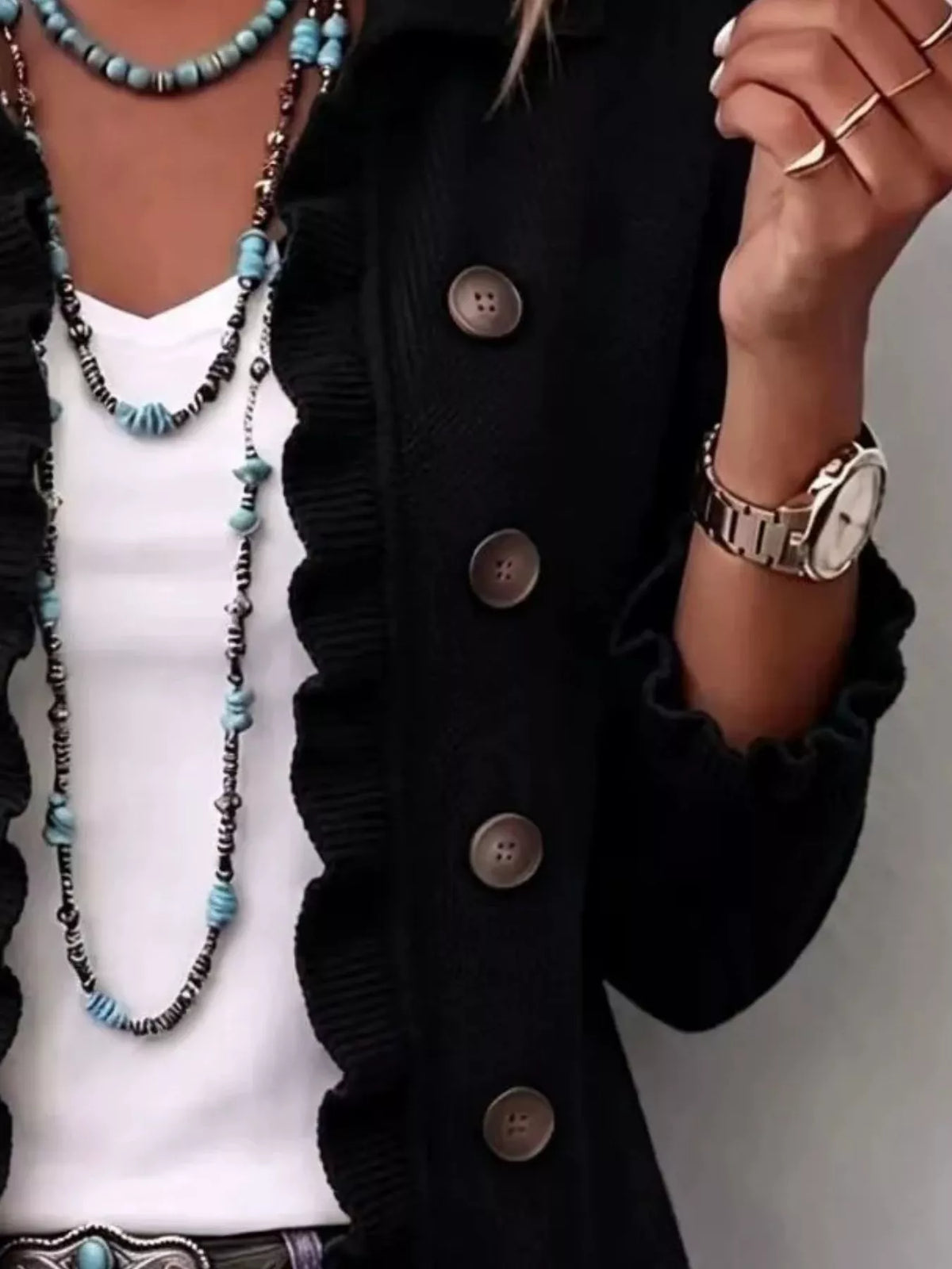 Ruffled Trim Decorative Button Cardigan — VikyHush