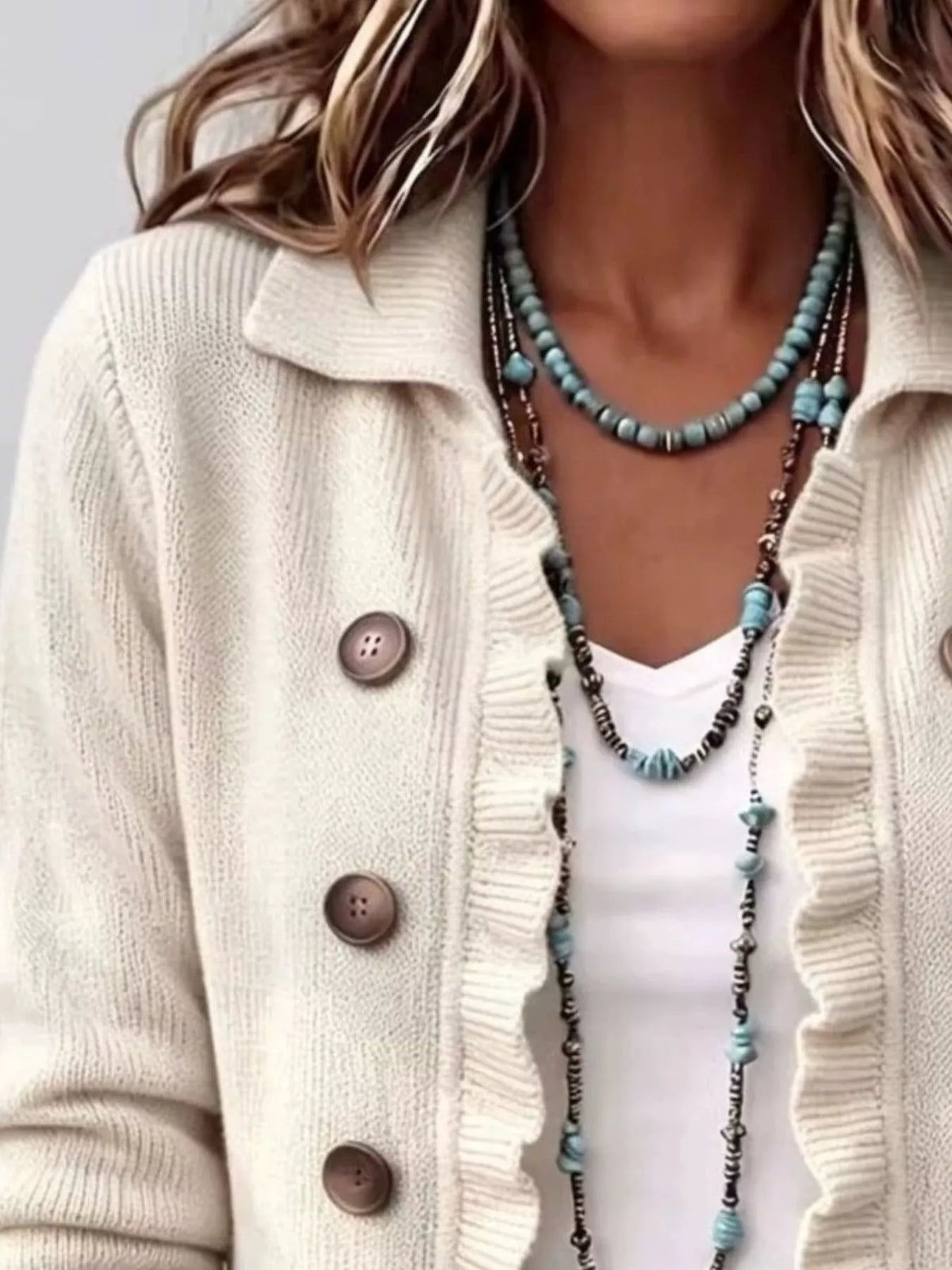 Ruffled Trim Decorative Button Cardigan — VikyHush