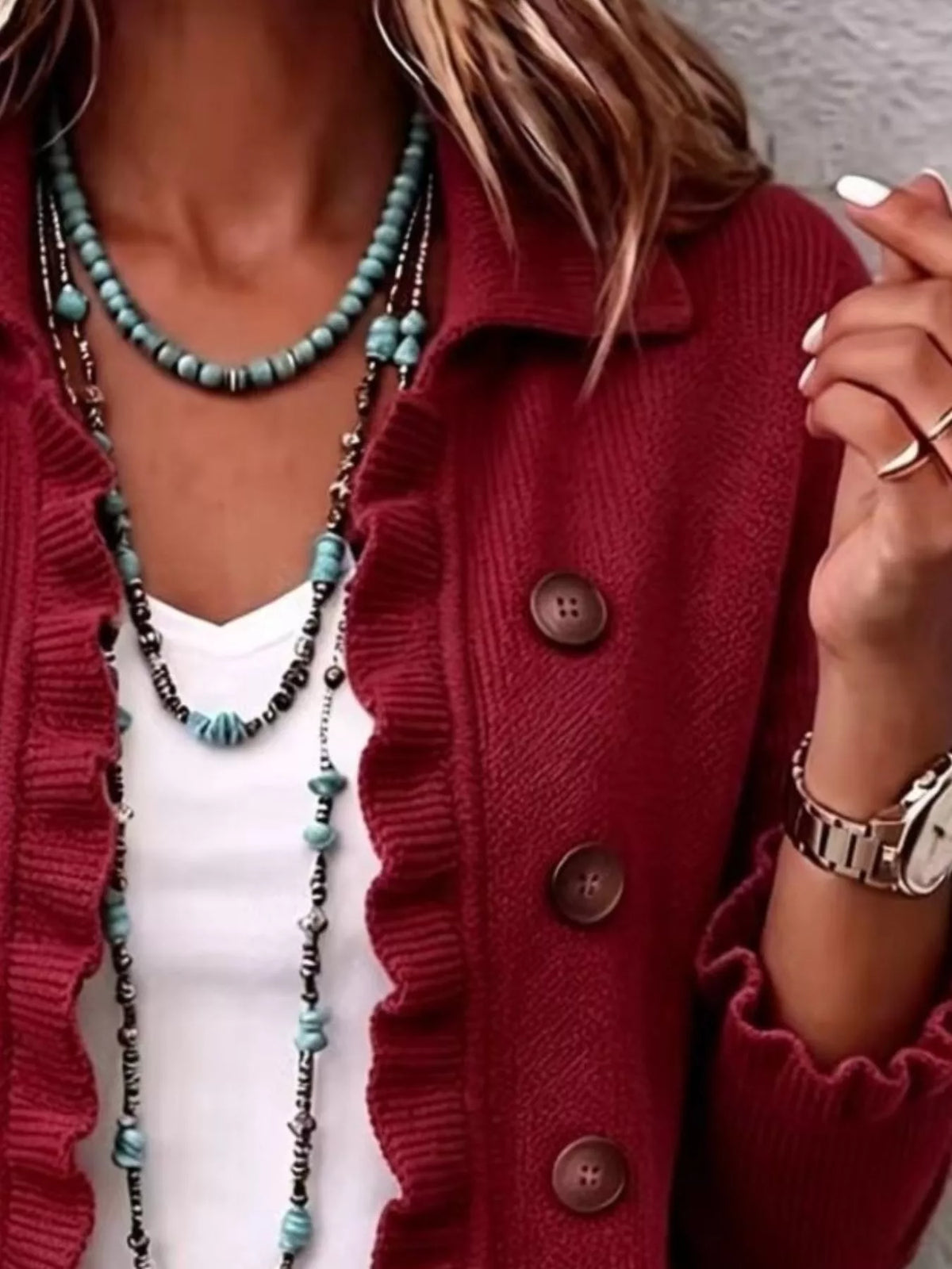Ruffled Trim Decorative Button Cardigan — VikyHush
