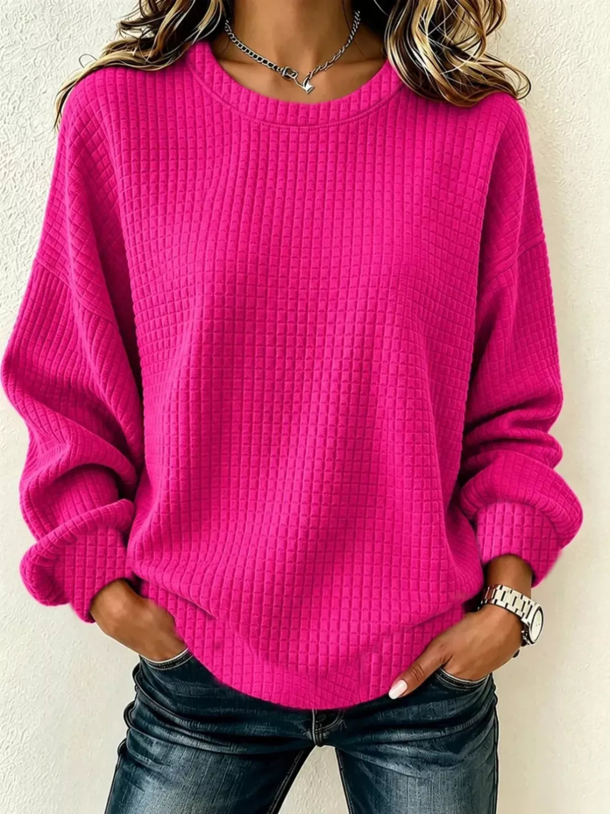 Waffle Knit Long Sleeve Crew Neck Sweatshirt — VikyHush