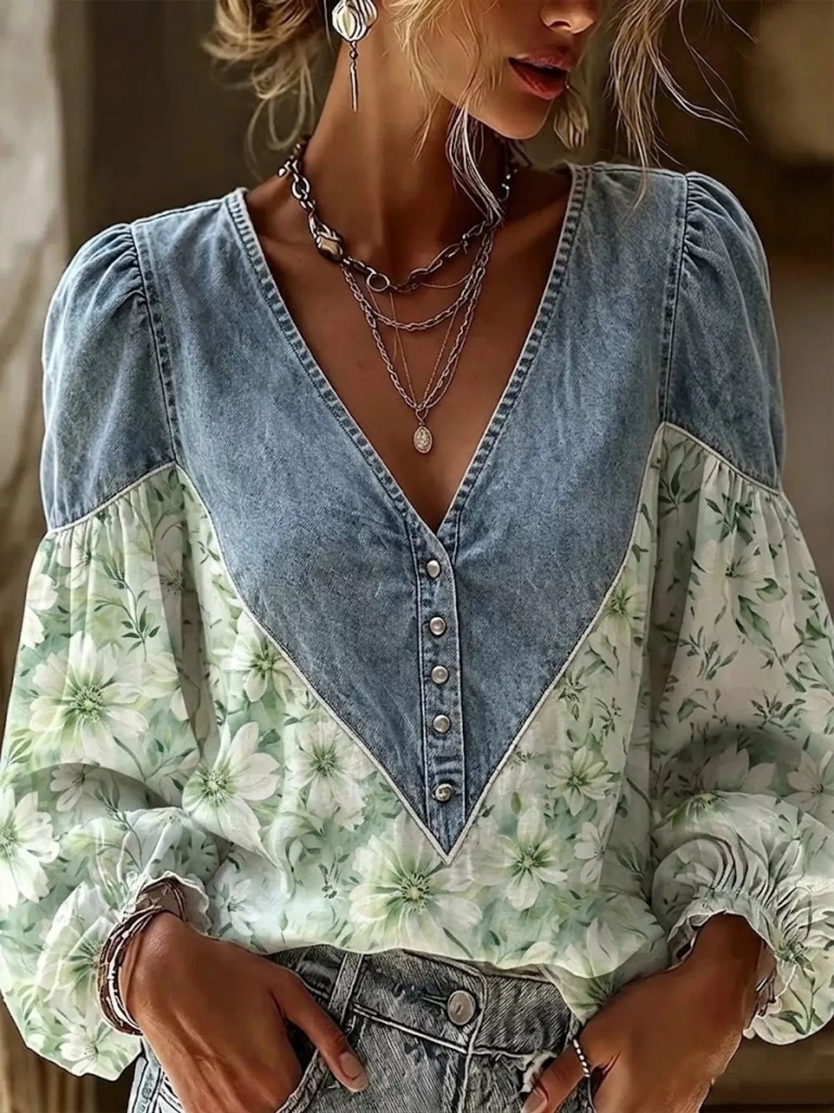Denim Patchwork Floral Denim Top — VikyHush