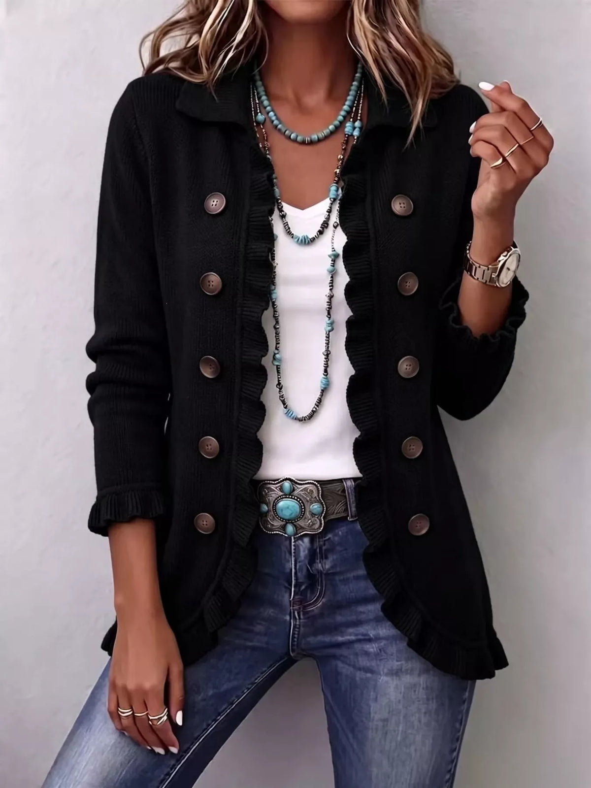 Ruffled Trim Decorative Button Cardigan — VikyHush