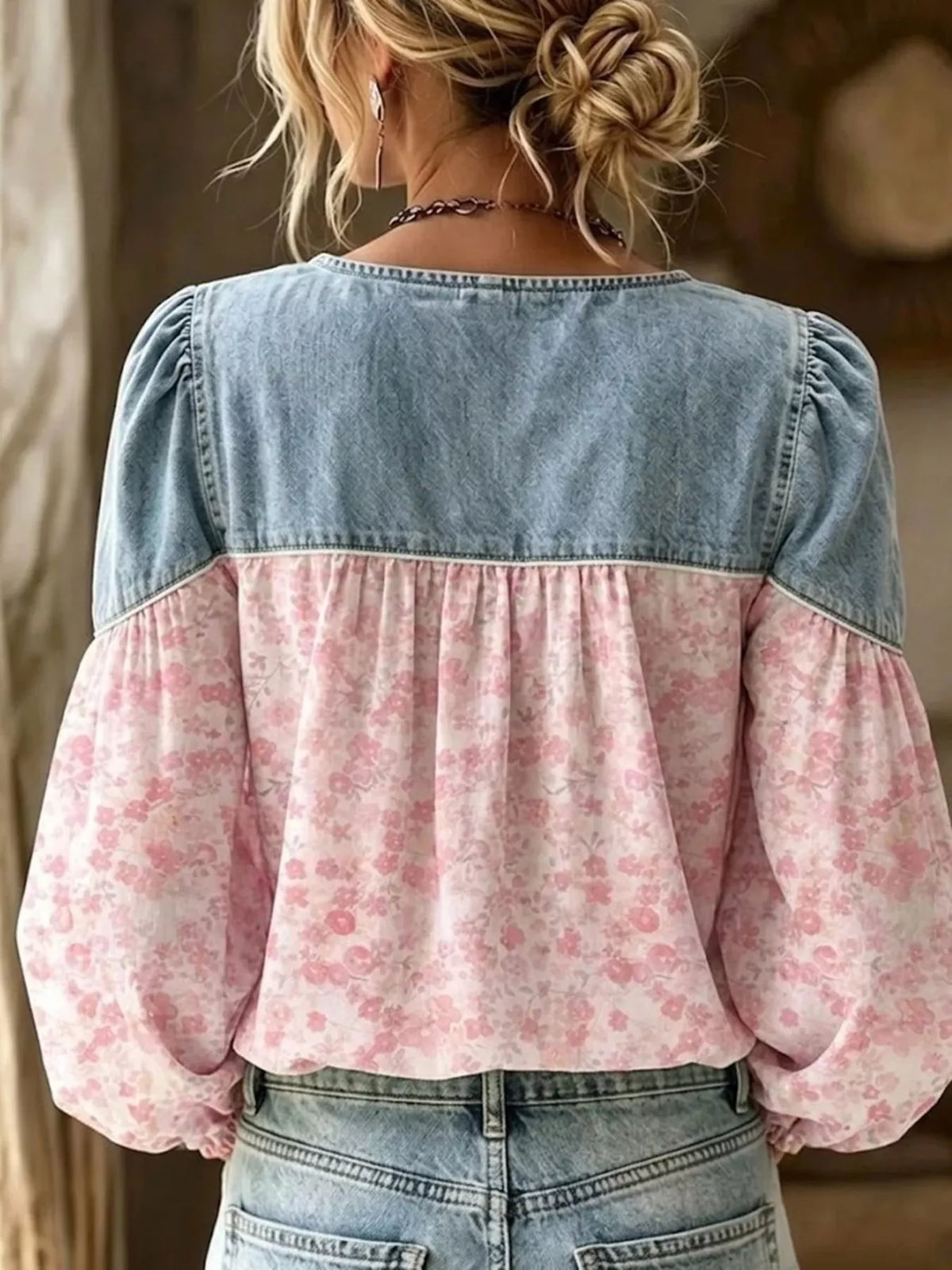 Denim Patchwork Floral Denim Top — VikyHush