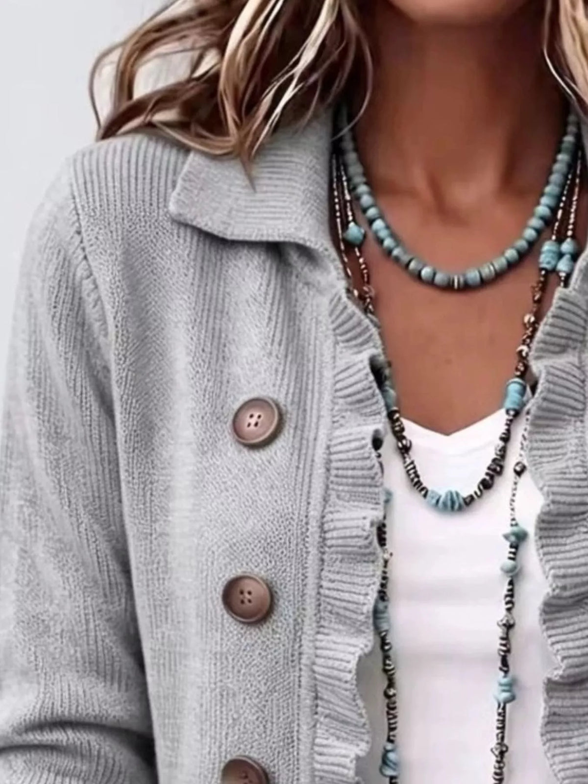 Ruffled Trim Decorative Button Cardigan — VikyHush