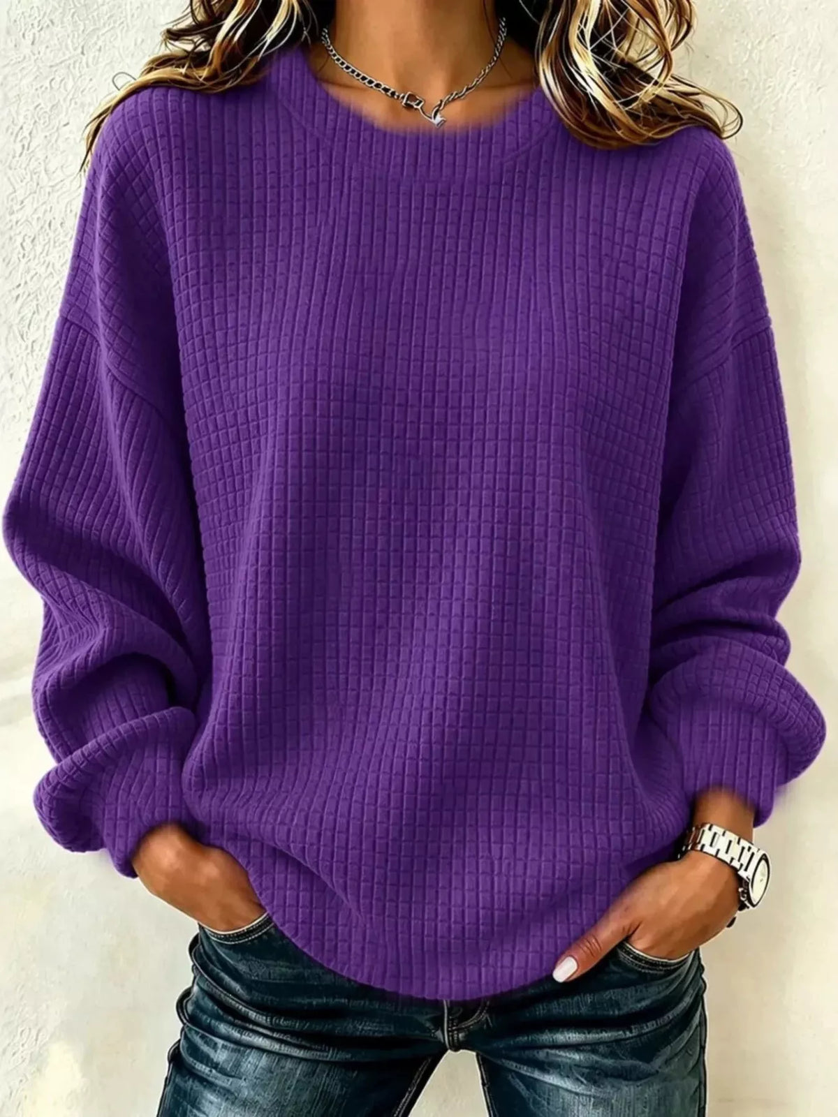 Waffle Knit Long Sleeve Crew Neck Sweatshirt — VikyHush
