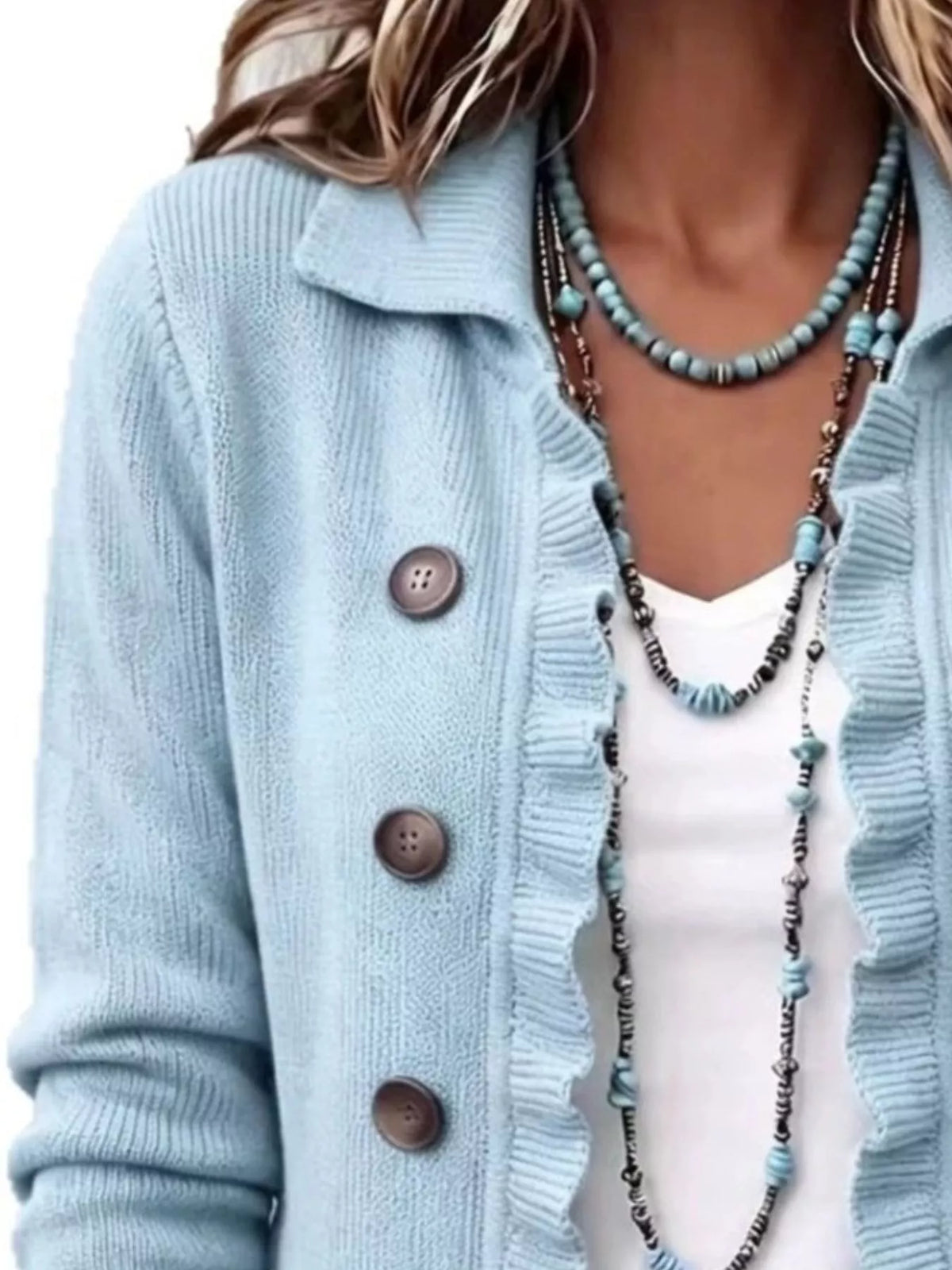 Ruffled Trim Decorative Button Cardigan — VikyHush