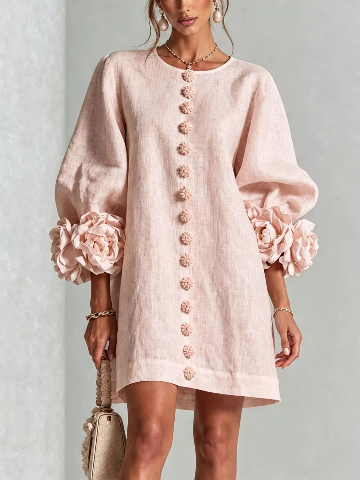 3D Floral Round Neck Mini Dress — VikyHush