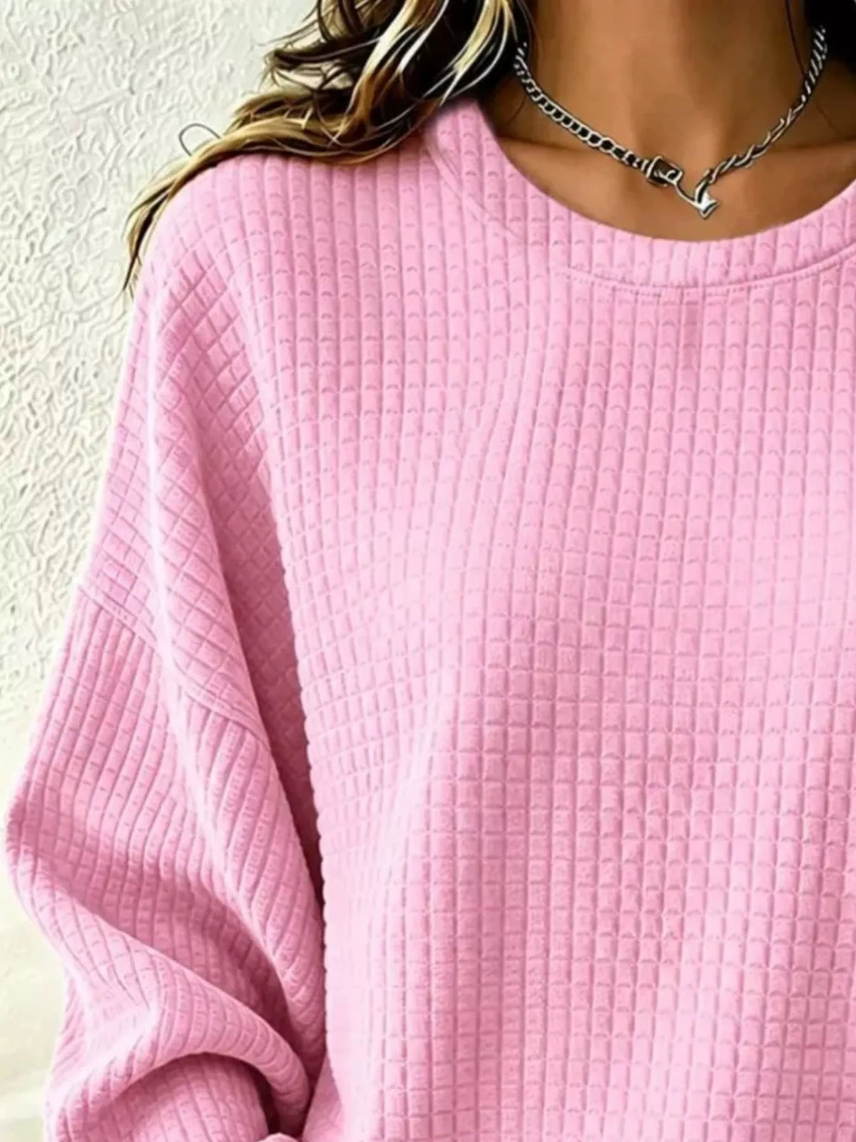 Waffle Knit Long Sleeve Crew Neck Sweatshirt — VikyHush