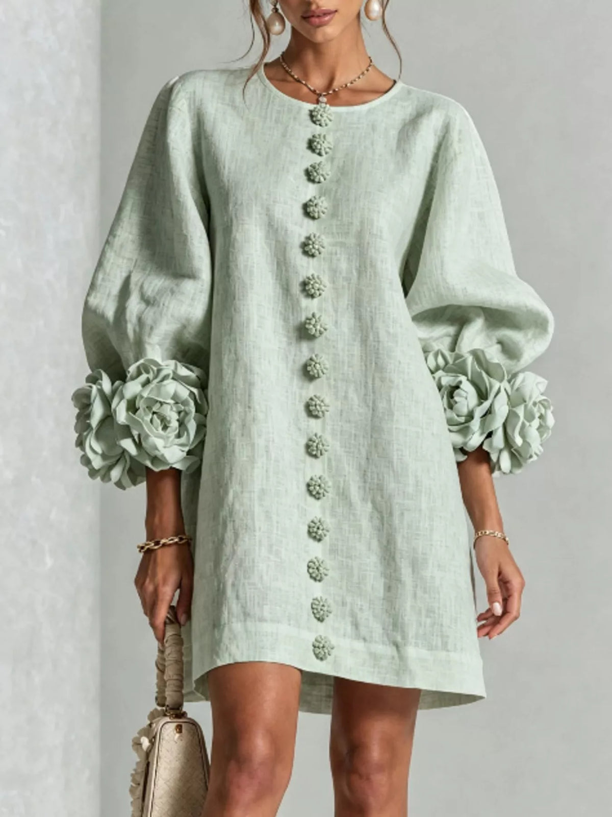 3D Floral Round Neck Mini Dress — VikyHush