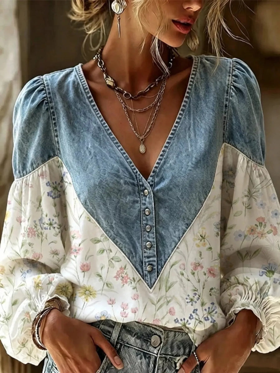 Denim Patchwork Floral Denim Top — VikyHush