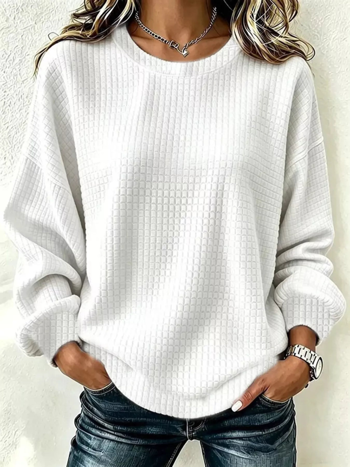 Waffle Knit Long Sleeve Crew Neck Sweatshirt — VikyHush