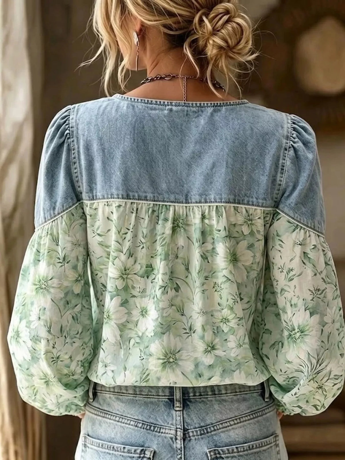 Denim Patchwork Floral Denim Top — VikyHush