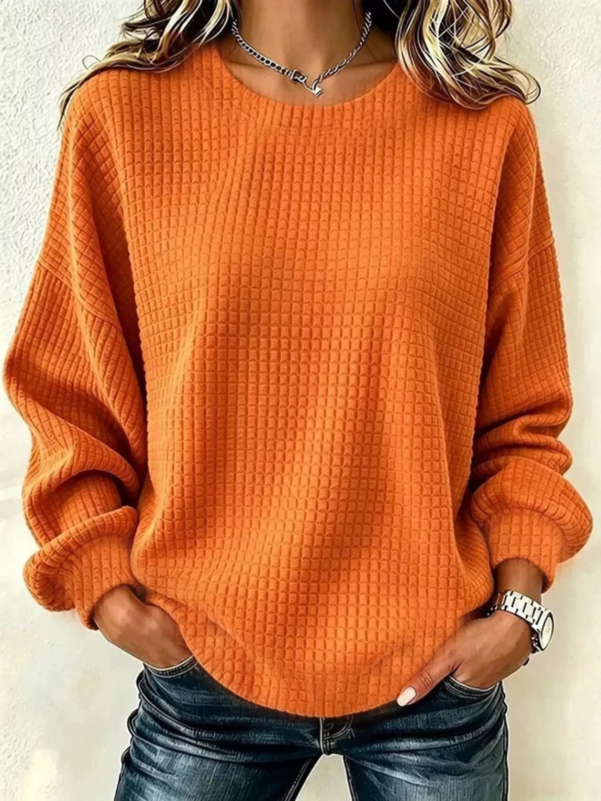 Waffle Knit Long Sleeve Crew Neck Sweatshirt — VikyHush