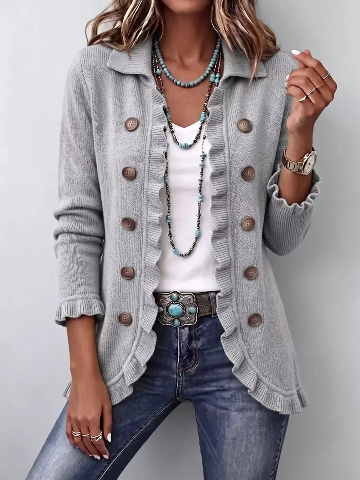 Ruffled Trim Decorative Button Cardigan — VikyHush