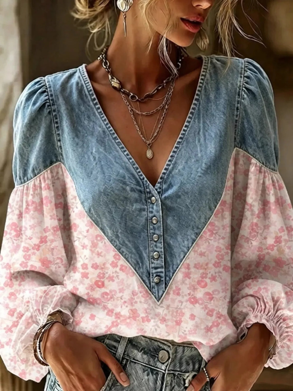 Denim Patchwork Floral Denim Top — VikyHush