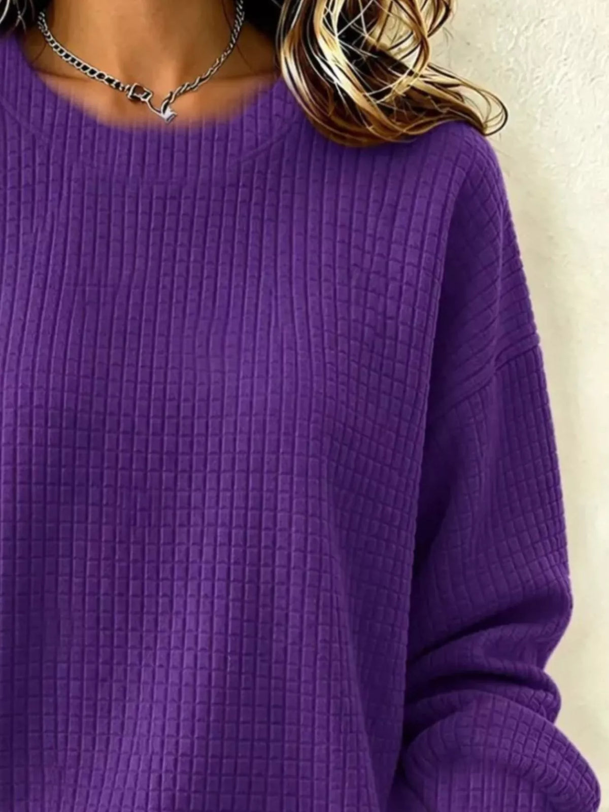 Waffle Knit Long Sleeve Crew Neck Sweatshirt — VikyHush