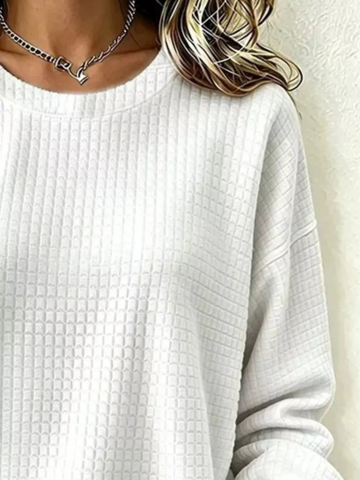 Waffle Knit Long Sleeve Crew Neck Sweatshirt — VikyHush