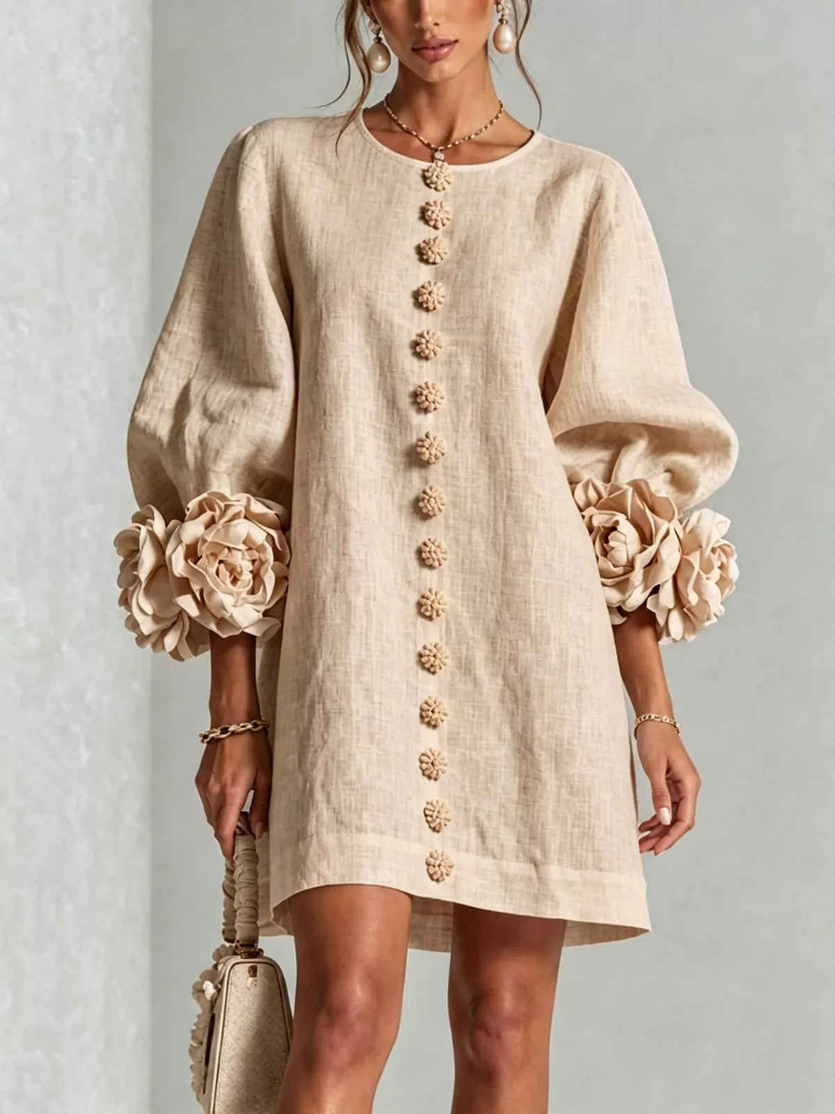 3D Floral Round Neck Mini Dress — VikyHush