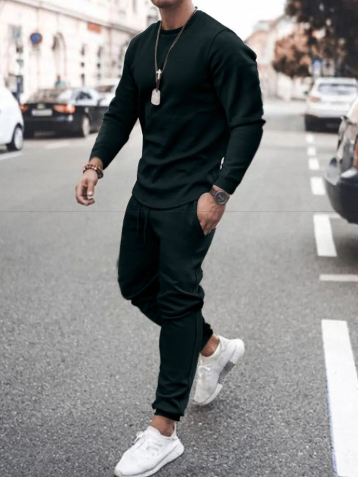 Men's Full Size Round Neck Long Sleeve Top and Pants Set Plus Size