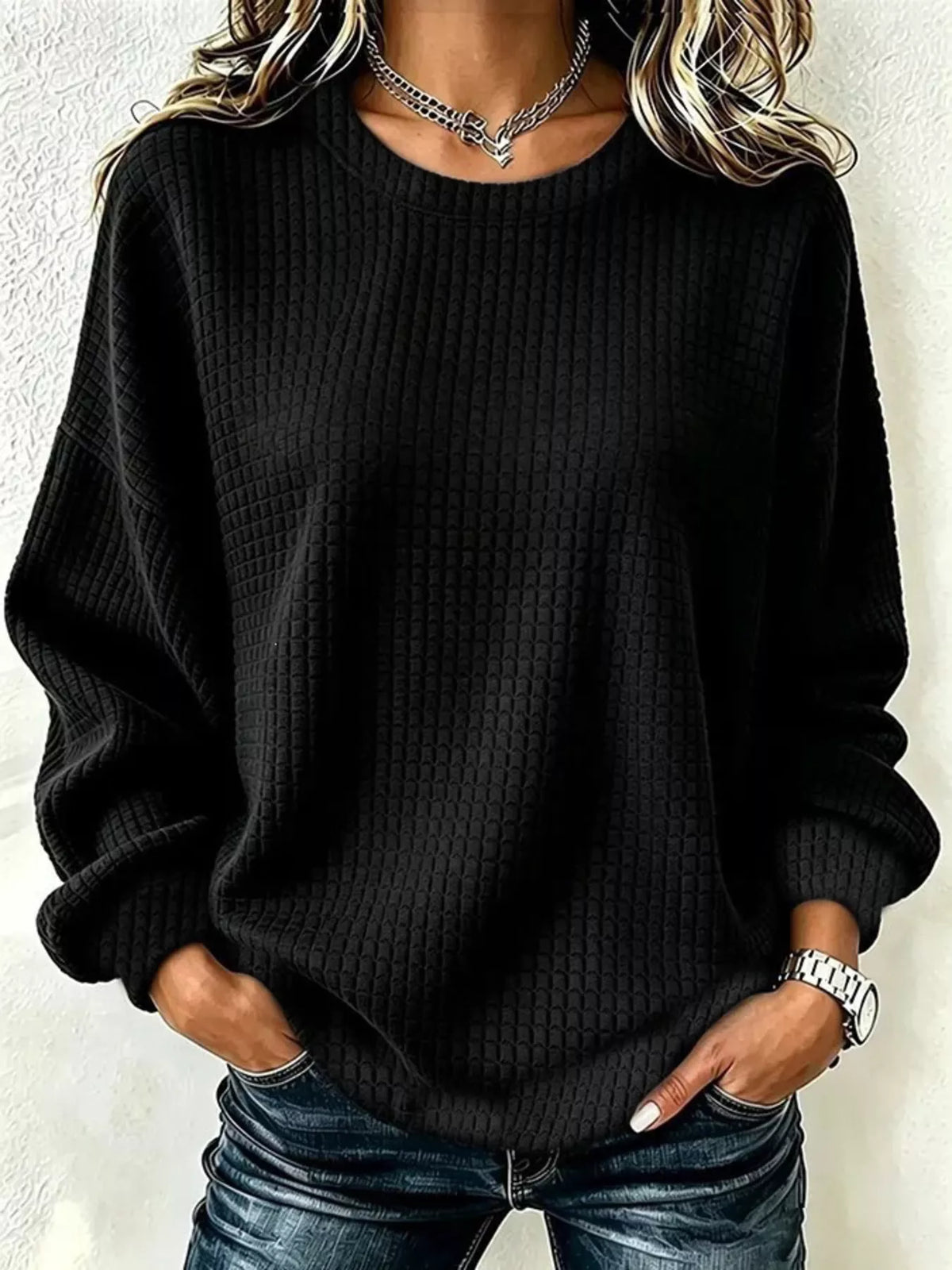 Waffle Knit Long Sleeve Crew Neck Sweatshirt — VikyHush