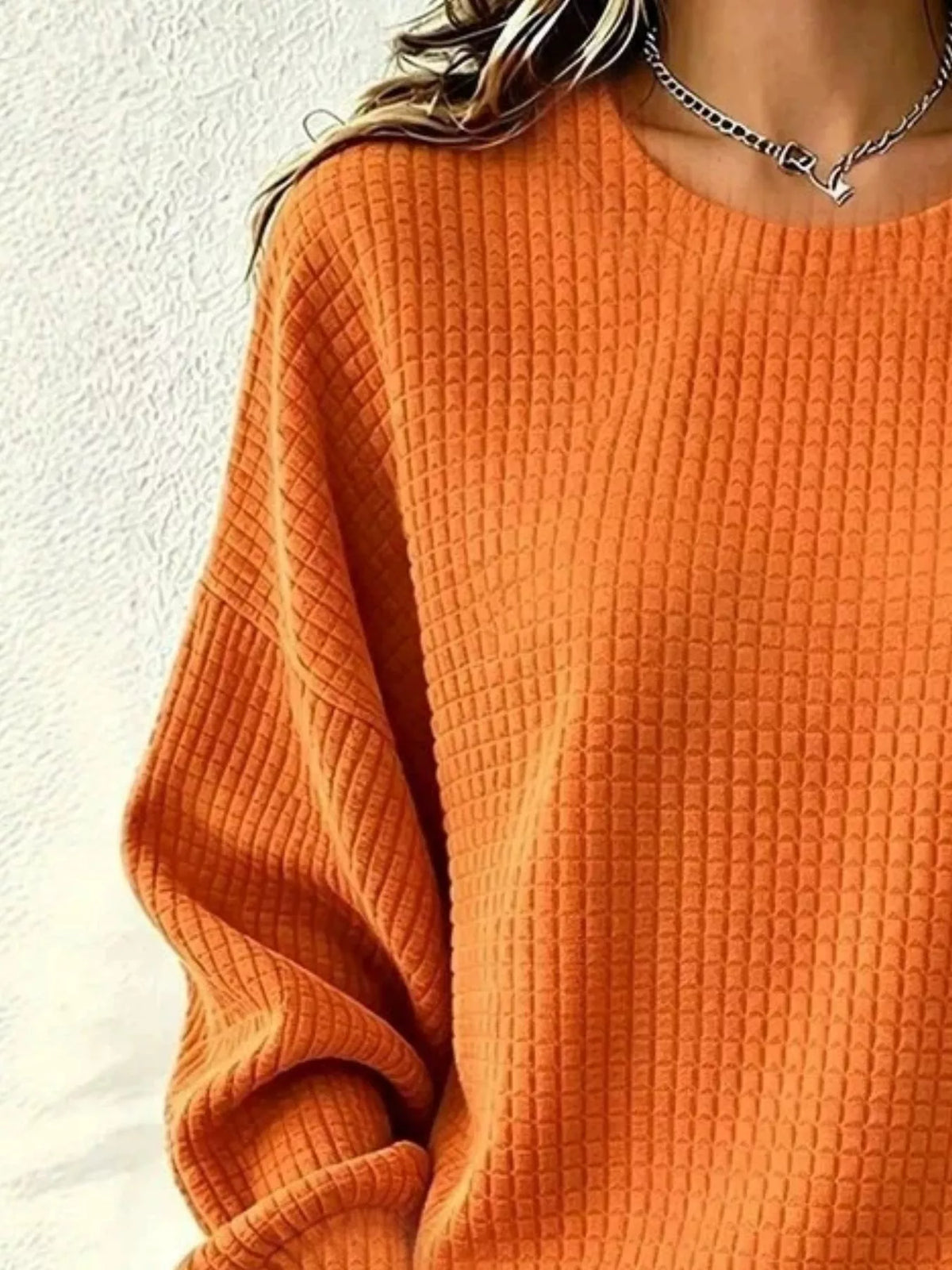 Waffle Knit Long Sleeve Crew Neck Sweatshirt — VikyHush